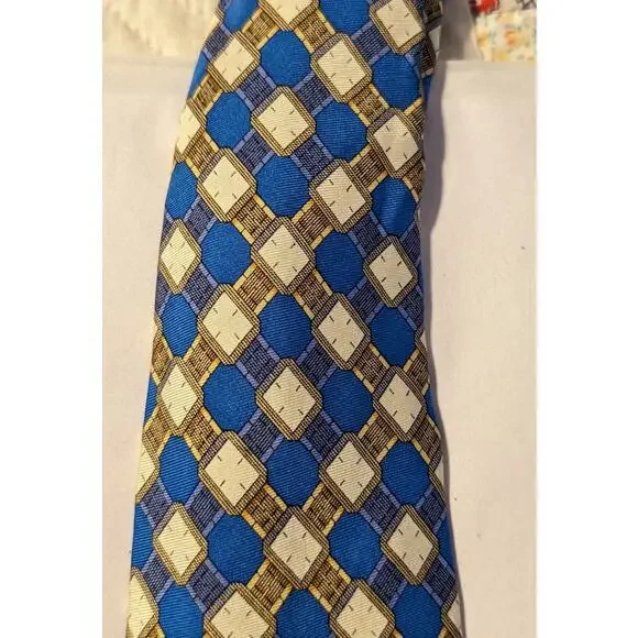 Piaget Silk Vintage 100% Silk Blue Gold Geometric Design Neck Tie - Picture 6 of 16